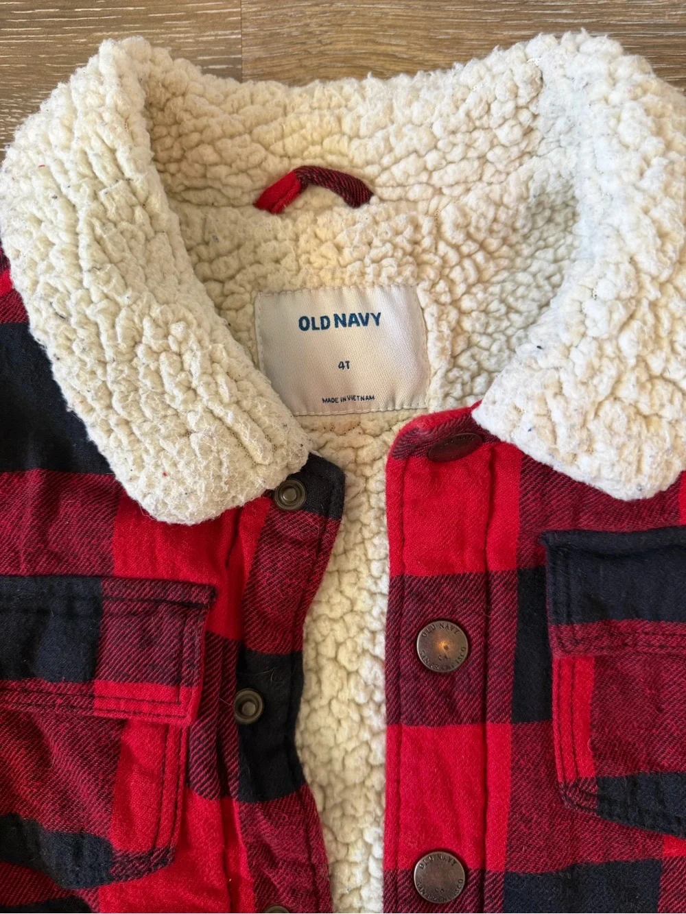 Old Navy Red and Black Buffalo Plaid Sherpa Collar Jacket